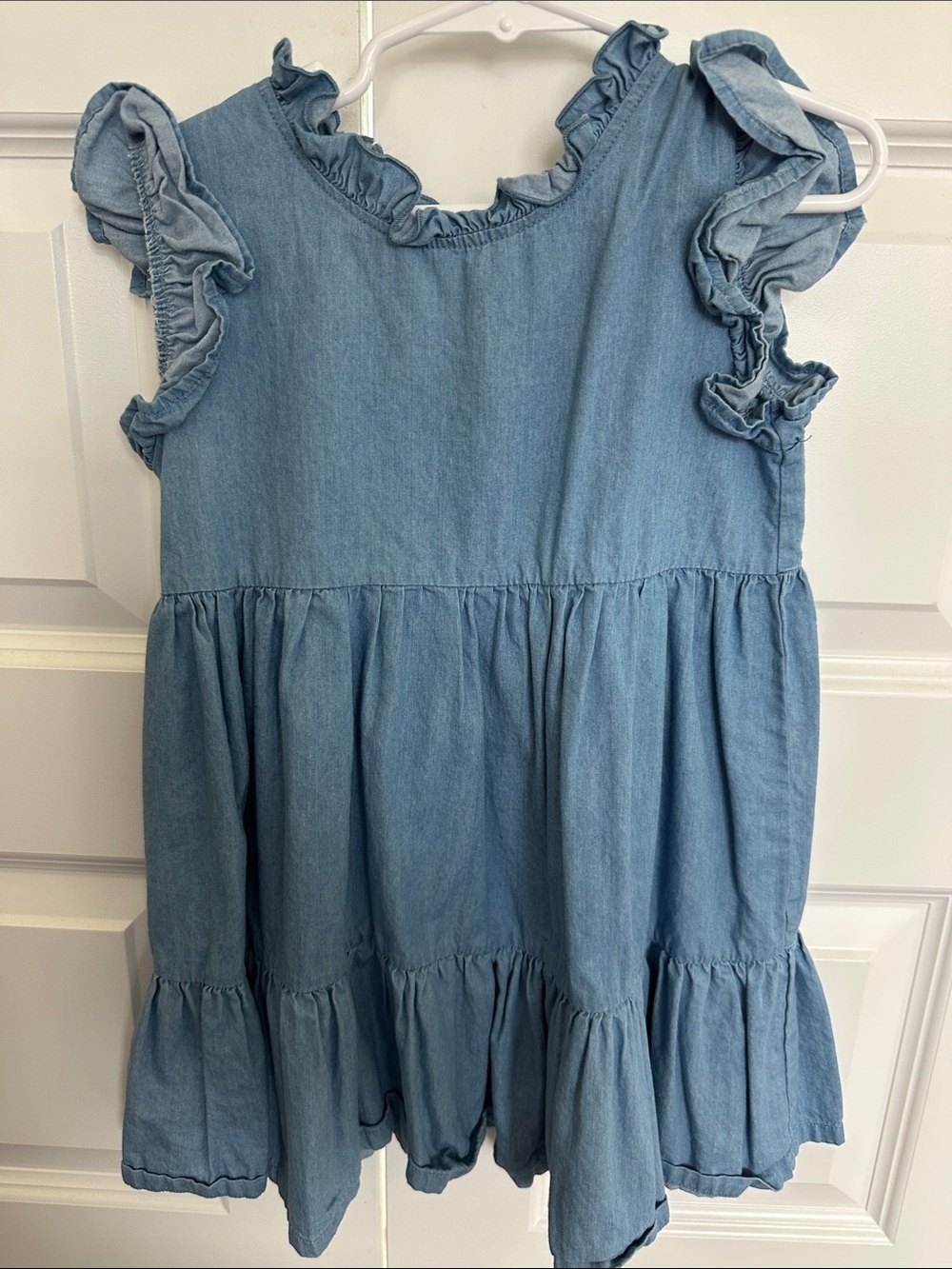 Velvet Fawn Light Blue (Cotton) Denim Ruffle Sleeve Tiered Dress